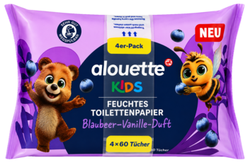 Fioletowe opakowanie Alouette Kids, nawilżany papier toaletowy o zapachu jagody-wanilii, z misiem i pszczołą, widok z przodu.