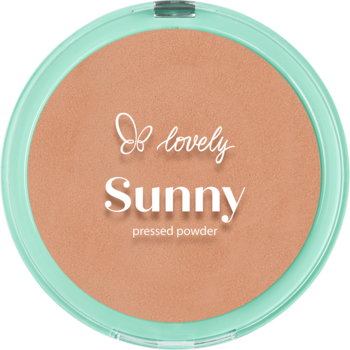 Puder brązujący Lovely Sunny w miętowej, okrągłej kasetce. Widok z góry, z białym napisem "Sunny pressed powder".