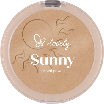 Okrągły puder prasowany Lovely Sunny, brązujący, z grafiką słońca na beżowym tle, widok z góry.