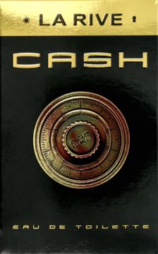 Widok z przodu czarnego opakowania wody toaletowej LA RIVE CASH ze złotym szyfrem sejfu.