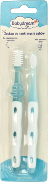 Zestaw Babydream do nauki mycia zębów, 2 niebiesko-białe szczoteczki w blistrze, widok z przodu.