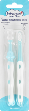 Babydream zestaw do nauki mycia zębów dla niemowląt, 2 niebiesko-białe szczoteczki w blistrze, widok z przodu.