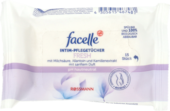 Facelle Intim-Pflegetücher Fresh, biało-fioletowe chusteczki intymne w miękkim opakowaniu, widok z przodu.