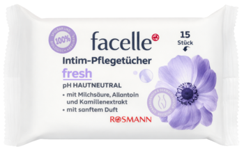 Chusteczki intymne facelle fresh, białe opakowanie 15 szt., pH neutralne, z fioletowym kwiatem.