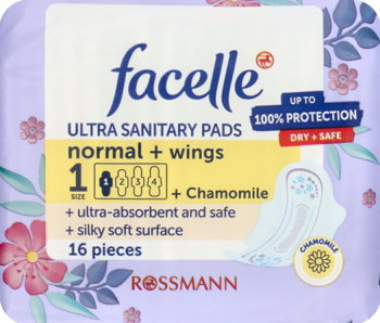 Opakowanie podpasek facelle Ultra normal+wings 16 sztuk, 100% ochrony, z rumiankiem, widok z przodu.
