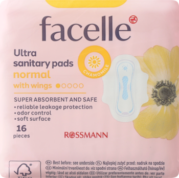 Różowe opakowanie podpasek facelle Ultra normal ze skrzydełkami, 16 sztuk, z rumiankiem dla Rossmann.