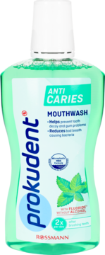 Prokudent Anti-Caries płyn do ust w zielonej butelce, widok z przodu. Zawiera fluor, bez alkoholu, dla świeżego oddechu.