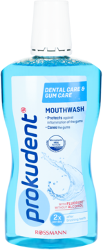 Niebieski płyn Prokudent Pielęgnacja zębów i dziąseł, z fluorem, bez alkoholu, butelka, widok z przodu.