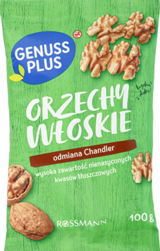 Zielona paczka orzechów włoskich Chandler Genuss Plus 100g, z widocznymi łuskanymi orzechami. Podkreślona wysoka zawartość kwasów tłuszczowych.