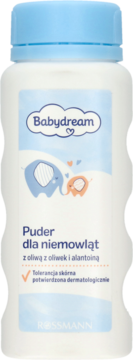 Babydream Puder dla niemowląt z oliwą i alantoiną, biała butelka z niebieską nakrętką, widok z przodu.