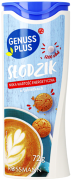 Biały pojemnik Genuss Plus Słodzik w tabletkach, 72g, 1200 sztuk, z niebieskim zamknięciem. Niska wartość energetyczna.
