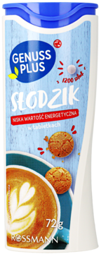 Biały pojemnik Genuss Plus Słodzik w tabletkach, 72g, 1200 sztuk, z niebieskim zamknięciem. Niska wartość energetyczna.