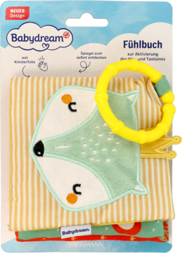 Miękka książeczka sensoryczna Babydream Fühlbuch z liskiem, żółtym gryzakiem, w blistrze, widok z przodu.