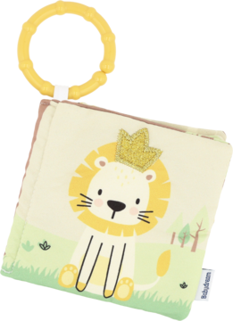 Miękka książeczka sensoryczna dla niemowląt z gryzakiem, z przodu rysunek lwa w złotej koronie, widok pod kątem.