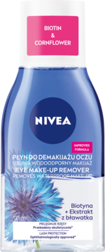 NIVEA dwufazowy płyn do demakijażu oczu, Biotin & Cornflower, usuwa wodoodporny makijaż, widok z przodu.