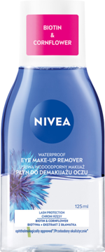 NIVEA dwufazowy płyn do demakijażu oczu wodoodpornego z biotyną i bławatkiem, niebieska butelka, widok z przodu.