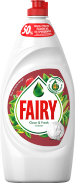 Biała butelka płynu do naczyń Fairy Granat Clean & Fresh, koncentrat, z czerwoną nakrętką, widok z przodu.