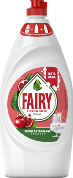 Fairy płyn do naczyń Granat w białej butelce, etykieta z owocami granatu, widok z przodu, skoncentrowana formuła.