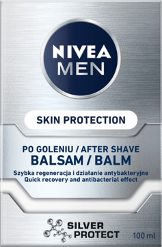 NIVEA MEN Silver Protect Balsam po goleniu 100ml w srebrnym opakowaniu, przód z logo NIVEA MEN.
