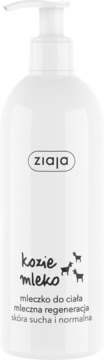 Białe mleczko Ziaja Kozie Mleko, butelka z pompką, widok z przodu, do regeneracji suchej skóry.