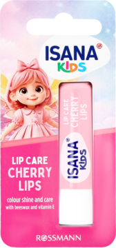 Isana Kids Lip Care Cherry Lips w różowym opakowaniu z wróżką, zawiera wosk pszczeli i witaminę E.