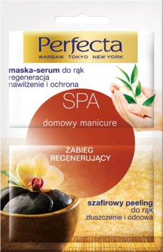 Zestaw Perfecta SPA do domowego manicure: maska-serum i szafirowy peeling, w białej saszetce z czerwonymi akcentami.