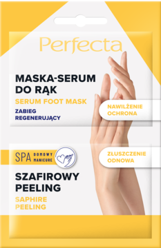 Perfecta, żółto-biała saszetka z maską-serum do rąk i szafirowym peelingiem, z dłońmi na opakowaniu.