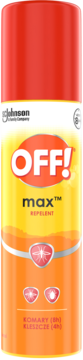 Czerwono-pomarańczowy spray OFF! Max Repellent, widok z przodu, chroni przed komarami i kleszczami.