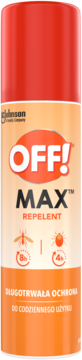 OFF! Max Repelent spray na komary i kleszcze, ochrona 8h, pomarańczowa puszka z czerwoną zakrętką, widok z przodu.