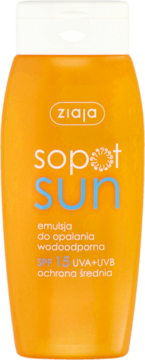 Pomarańczowa butelka Ziaja Sopot Sun SPF 15, wodoodporna emulsja do opalania, widok z przodu.