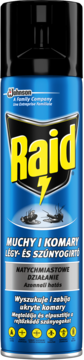 Niebieski spray owadobójczy Raid na muchy i komary w puszce, z żółtym logo i czarnym wieczkiem. Widok z przodu.