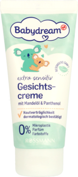 Biała tuba kremu Babydream extra sensitiv Gesichtscreme z wizerunkiem koali, widok z przodu. Bez mikroplastiku.