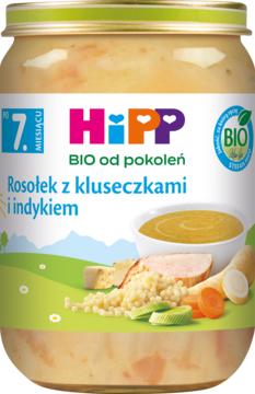 Słoiczek HiPP BIO Rosołek z kluseczkami i indykiem dla niemowląt od 7. miesiąca, na etykiecie miska z zupą i składniki.