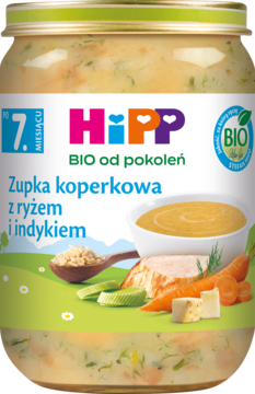 HiPP BIO Zupka koperkowa z ryżem i indykiem 7m+ w szklanym słoiczku, widok z przodu etykiety.