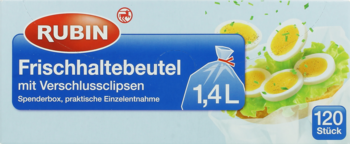 RUBIN Frischhaltebeutel 1,4L, 120 sztuk, z klipsami. Widok z przodu na opakowaniu z jajkami na sałacie.
