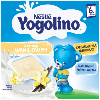 Nestlé Yogolino waniliowe dla niemowląt, bezglutenowe, z wapniem, w niebieskim kartoniku z misiem. Widok przód.