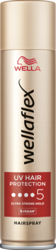 Wella Wellaflex Hairspray UV Hair Protection, złota puszka z czerwoną etykietą, ultra mocny utrwalacz 5, widok z przodu.