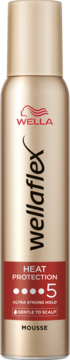 Złota cylindryczna puszka pianki Wellaflex Heat Protection Mousse, widok z przodu, z czerwono-białą etykietą.
