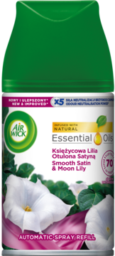 Air Wick Freshmatic refill, zielona puszka z białymi kwiatami Moon Lily, zapach Smooth Satin & Moon Lily.