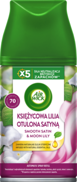 Air Wick Freshmatic wkład Księżycowa Lilia Otulona Satyną, zielona nasadka, biała etykieta z liliami, do 70 dni.