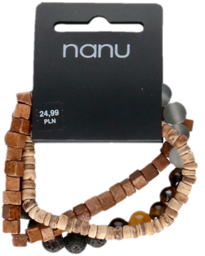 Bransoletki Nanu: dwie sztuki z koralików drewna (kwadratowe, okrągłe) i kamienia, z metką, widok z góry.