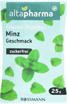 Altapharma odświeżające pastylki miętowe, bez cukru, w jasnoniebieskim opakowaniu z miętą, widok z przodu.