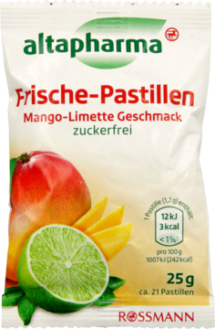 Białe opakowanie Altapharma Frische-Pastillen, mango-limonka, bez cukru, 25g, z grafiką świeżych owoców.