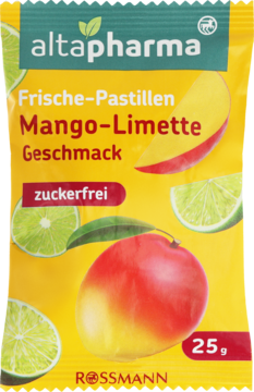 Altapharma Pastylki Mango-Limonka, 25g, bez cukru. Żółta saszetka z grafiką soczystego mango i limonki, widok z przodu.