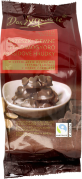 Ciemnobrązowe opakowanie Das Zygous Orzeszki Ziemne, arachidowe grudki w gorzkiej czekoladzie, Fairtrade, front.