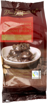 Ciemnobrązowe opakowanie Das Zygous Orzeszki Ziemne, arachidowe grudki w gorzkiej czekoladzie, Fairtrade, front.