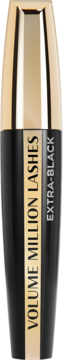 Czarny tusz do rzęs L'Oréal Volume Million Lashes Extra-Black, ze złotą nakrętką, pionowo.