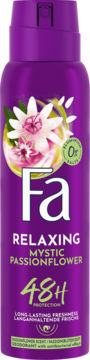 Fioletowy dezodorant Fa Mystic Passionflower, 48h ochrony, bez soli aluminium, z kwiatami passiflory, widok z przodu.
