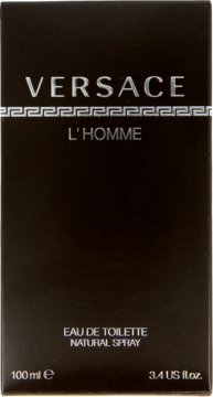 Czarne pudełko perfum Versace L'Homme, z srebrnymi napisami i greckim wzorem, widok z przodu.