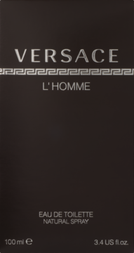 Czarna, matowa pudełko Versace L'Homme, 100ml, z srebrnym napisem i greckim wzorem, widok z przodu.